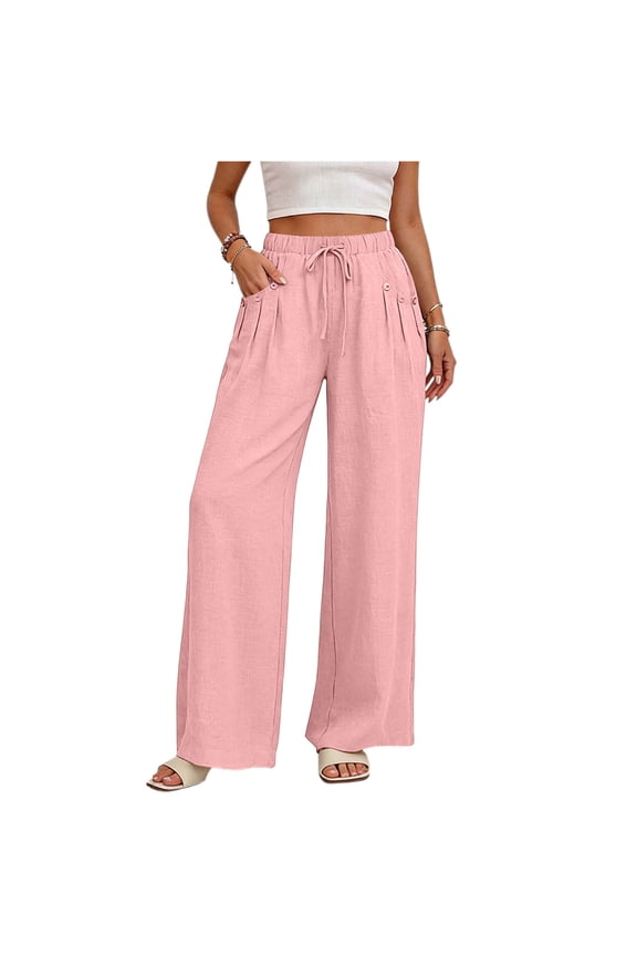 Womens Cotton Linen Pants Summer Drawstring Work Pants Flowy Casual Wide Leg Beach Trousers with Pocket Pink Pant L