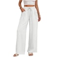 thumbnail image 1 of Kvture Womens Cotton Linen Pants Summer Drawstring Work Pants Flowy Casual Wide Leg Beach Trousers with Pocket White Pant XL, 1 of 8