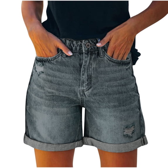 Kvture Womens Denim Shorts Stretchy Mid High Waisted Summer Beach Plus Size Casual Trendy Ripped Loose Fit Hot Short Jeans Dark Gray XL