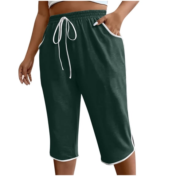 Kvture Womens Drawstring Capri Pants Plus Size Loose High Waisted Sweatpants Lounge Running Workout Pants with Pockets Army Green M