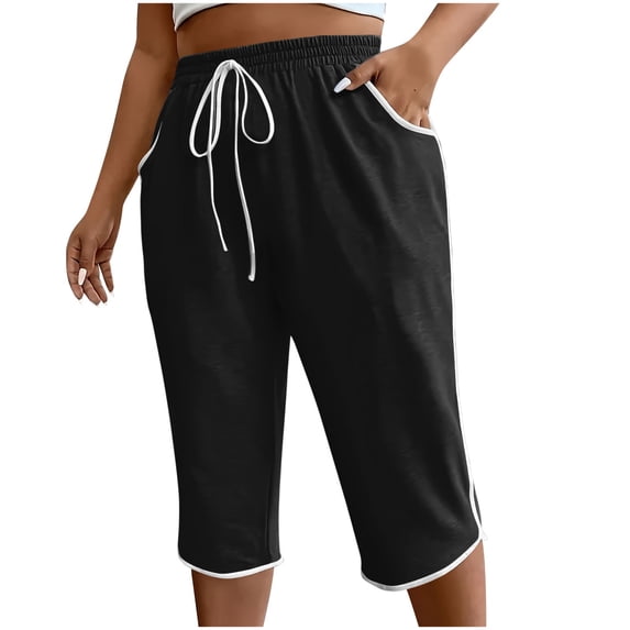 Kvture Womens Drawstring Capri Pants Plus Size Loose High Waisted Sweatpants Lounge Running Workout Pants with Pockets Black L