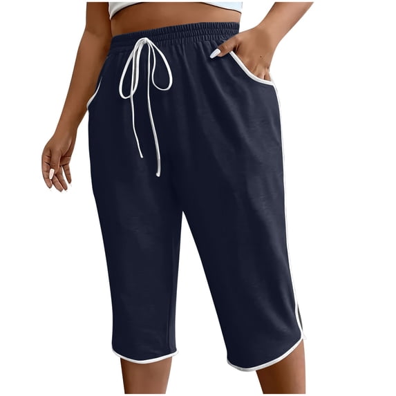 Kvture Womens Drawstring Capri Pants Plus Size Loose High Waisted Sweatpants Lounge Running Workout Pants with Pockets Navy XL