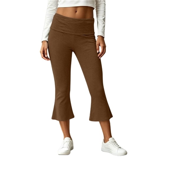 Kvture Womens Flare Capri Leggings with Pockets Tummy Control High Waisted Bootcut Yoga Pants-Workout Lounge Legging Brown Pant L