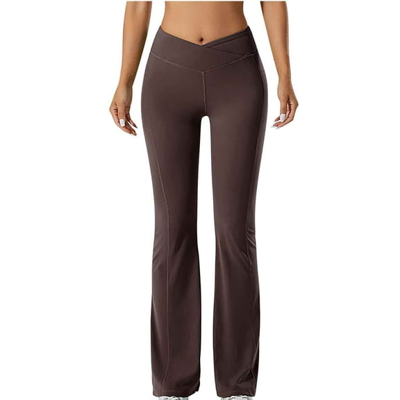 Kvture Womens Flare Leggings with Tummy Control High Waisted Yoga Pants V Crossover Gym Pants Casual Workout Yoga Leggings Coffee S