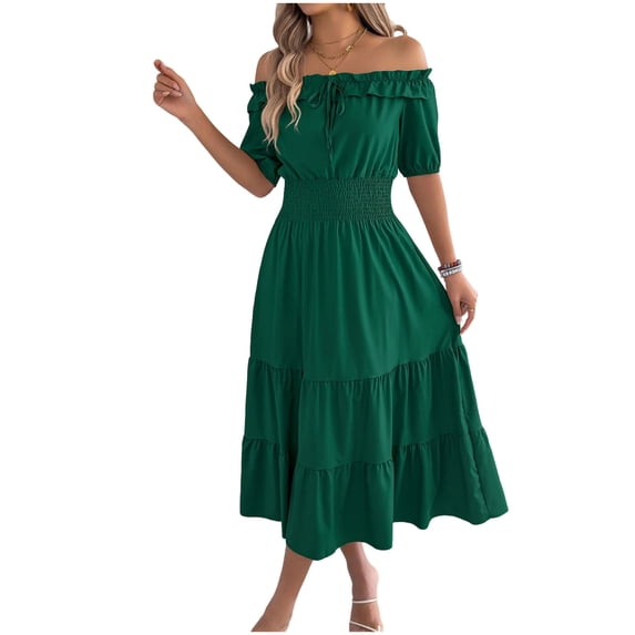 Kvture Womens Flowy Boho Beach Dress Ruffled A-Line Off Shoulder Puff Sleeve Summer Maxi Dress Vacation Dresses Casual Green