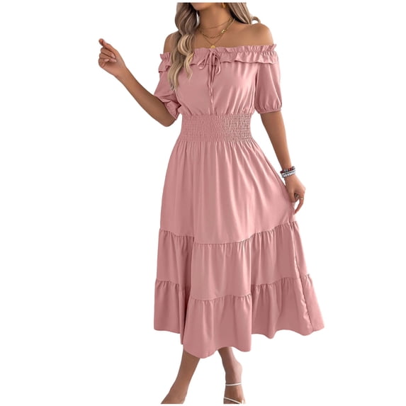 Kvture Womens Flowy Boho Beach Dress Ruffled A-Line Off Shoulder Puff Sleeve Summer Maxi Dress Vacation Dresses Casual Pink