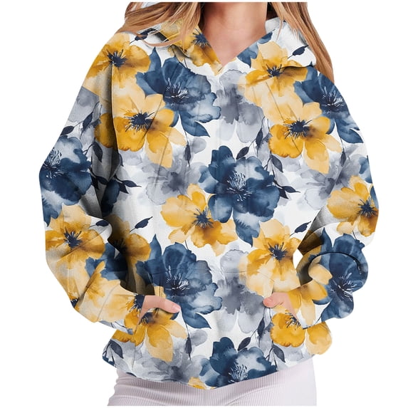 Kvture Womens Hoodies Oversized Floral Print V Neck Sweatshirts Fall Trendy Long Sleeve Clothing Fall Comfy Outfits Yellow Hoodie