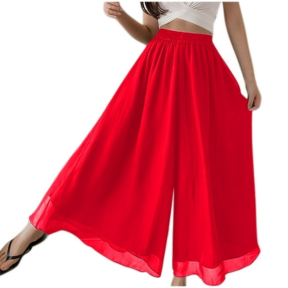 Kvture Womens Layered Wide Leg Pants High Waist Chiffon Flowy Palazzo Casual Loose Summer Beach Solid Trousers Red M