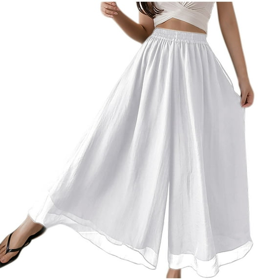 Kvture Womens Layered Wide Leg Pants High Waist Chiffon Flowy Palazzo Casual Loose Summer Beach Solid Trousers White XXL