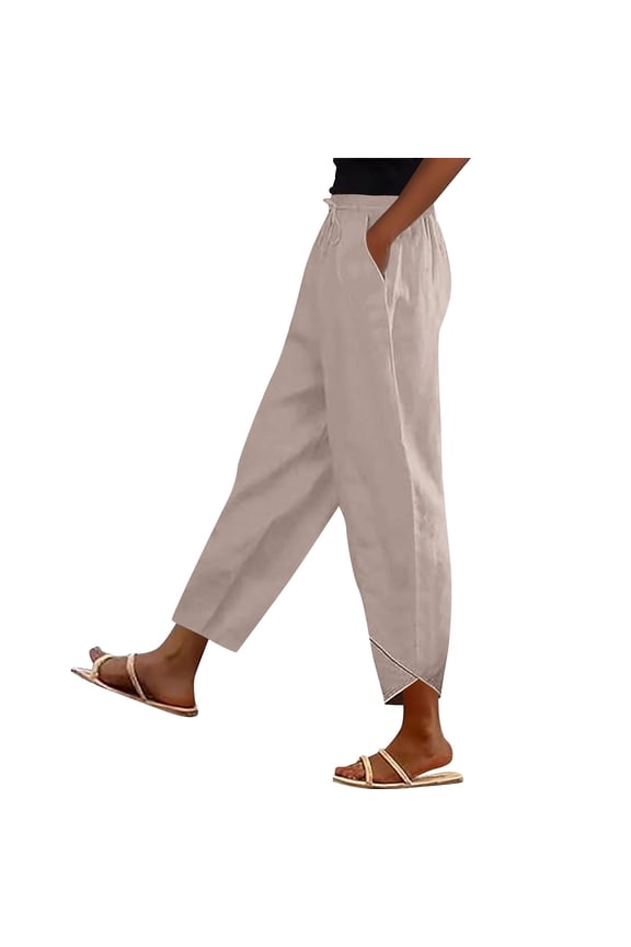 Womens Linen Barrel Pants Baggy Wide Leg Harem Pants Elastic Waisted Casual Palazzo Lounge Summer Beach Trousers S
