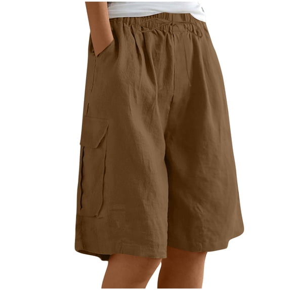 Kvture Womens Linen Bermuda Shorts Knee Length High Waisted Capris with Pockets Loose Fit Wide Leg Shorts for Summer Coffee S