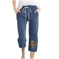 thumbnail image 1 of Kvture Womens Linen Capri Pants Fashion Floral Print Lace up Elastic Waist Crop Sweatpant Casual Pockets Summer Beach Trouser Navy L, 1 of 4