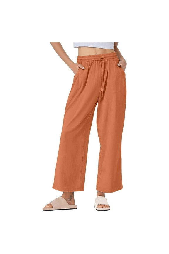 Womens Linen Pants Summer Wide Leg Casual Loose High Waist Drawstring Palazzo Capri with Pockets Orange L