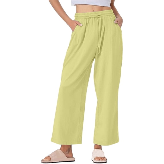 Kvture Womens Linen Pants Summer Wide Leg Casual Loose High Waist Drawstring Palazzo Capri with Pockets Yellow XXL