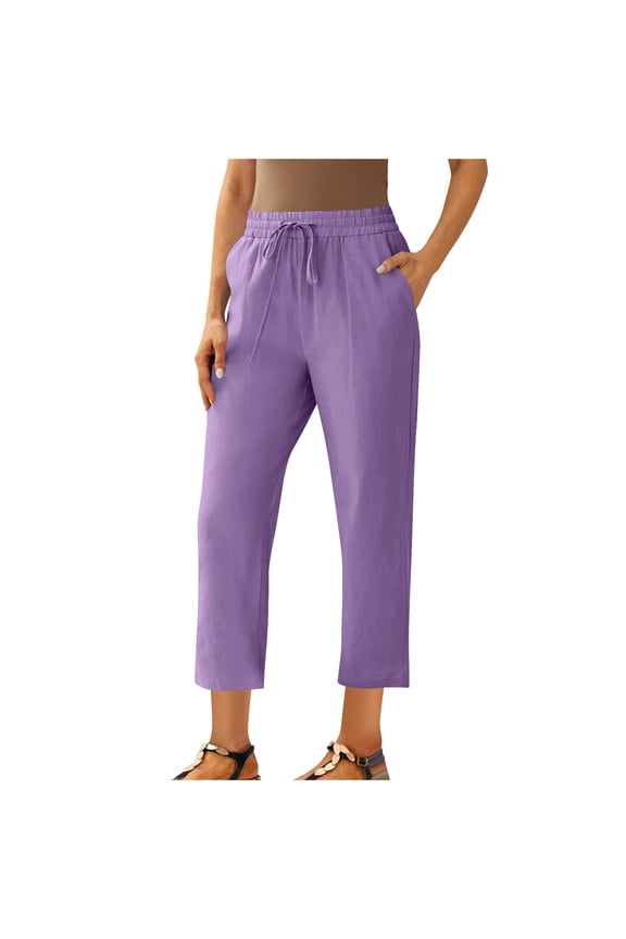 Womens Linen Pants Wide Leg High Waisted Drawstring Casual Flowy Pants with Pockets Purple S