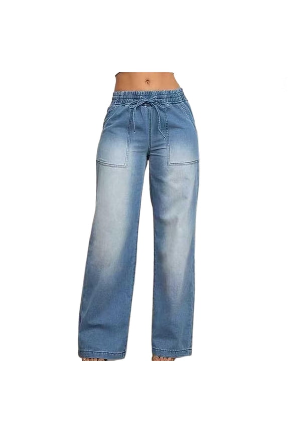 Womens Plus Size Drawstring Waist Jeans Summer Wide Leg Baggy Denim Pants Light Blue Pant M