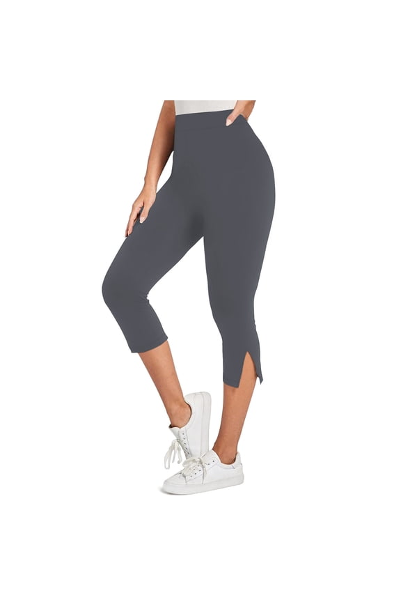 Womens Plus Size Split Crop Pants Summer High Waisted Skinny Quick Dry Workout Leggings Casual Sports Bermuda Capris Dark Gray L