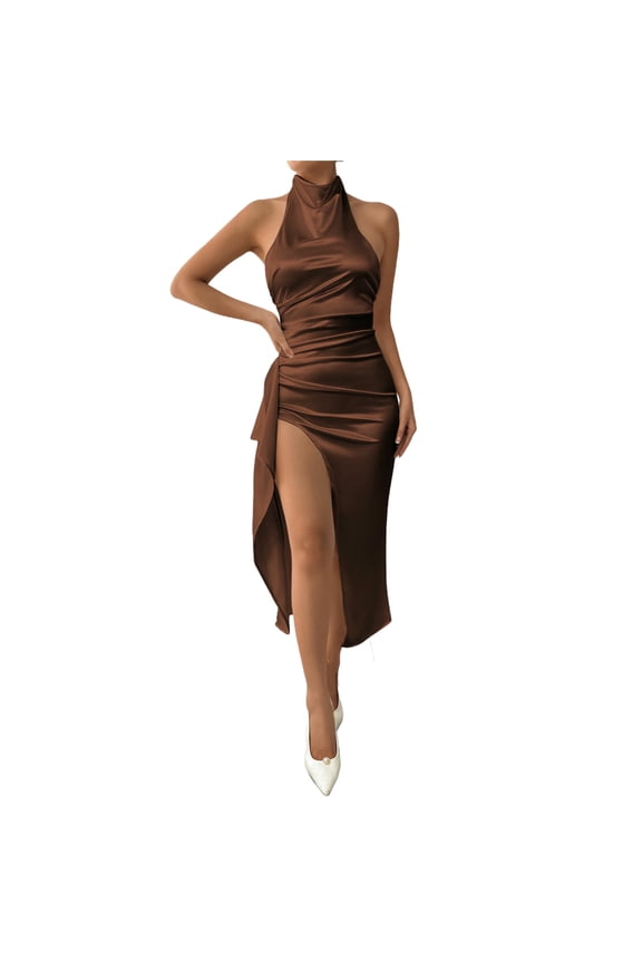 Womens Satin Dress Sleeveless Halter Ruched Side Slit Backless Elegant Midi Dress for Party Wedding Cocktail Coffee