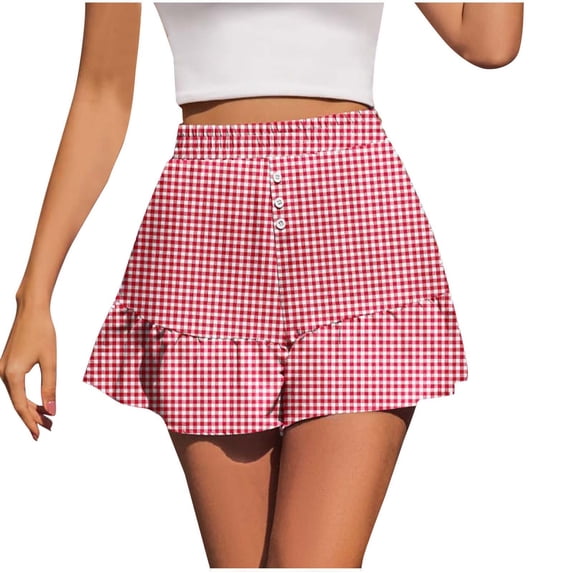 Kvture Womens Shorts Summer Casual Ruffle Y2K Trendy Button High Waisted Skorts Mini Comfy Plaid Short Red XL