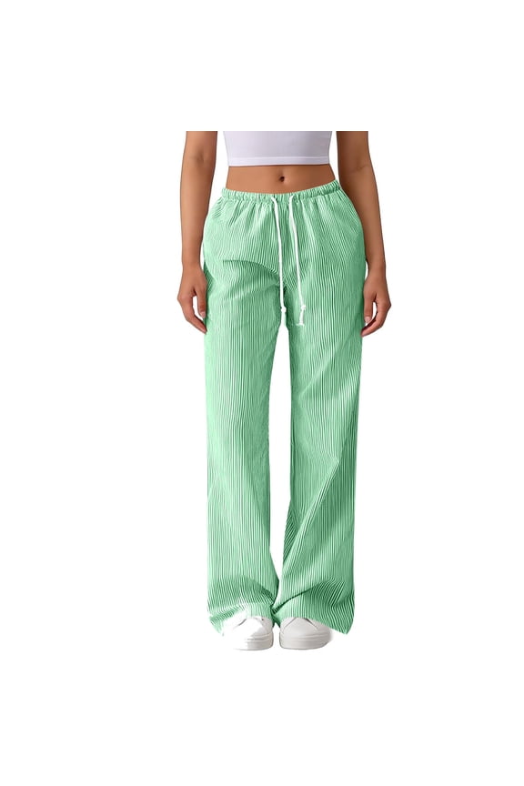 Womens Striped Pants Drawstring Wide Leg Pant Elastic Waist Flowy Casual Trousers Summer Vacation Wear Slacks Green Pant M