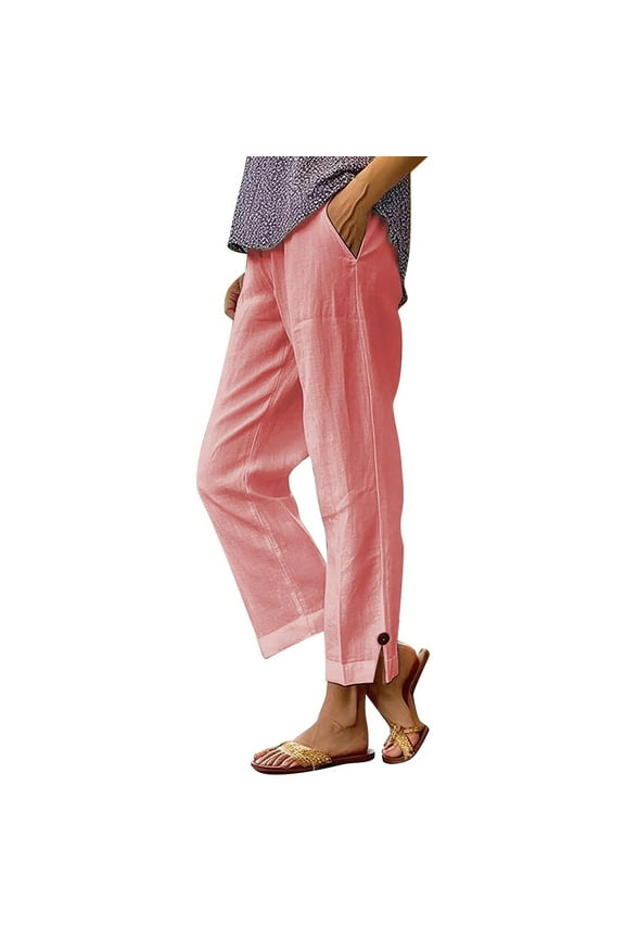 Womens Summer Cotton Linen Elastic High Waist Cropped Pants Casual Loose Straight Leg Beach Trousers with Pockets Pink XL
