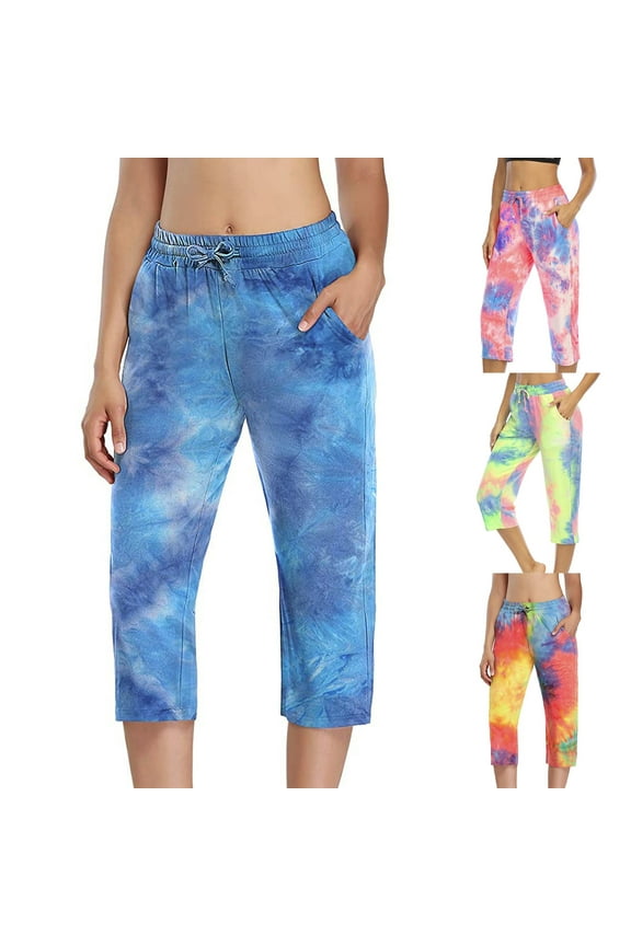 Womens Tie Dye Capri Pants Stretch Fitness Running Gym Yoga Leggings Elastic High Waist Drawstring Trousers Casual Loose Fit Capris Pants with Pockets Blue XL