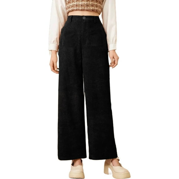 Kvture Womens Velour Cropped Pants High Waisted Straight Pants Velvet Wide Leg Stretchy Trousers with Front Pockets Black L