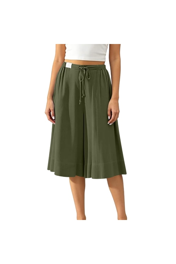 Womens Wide Leg Culottes Cropped Pants with Pockets Drawstring Elastic Waist Summer Flowy A-Line Trousers Army Green Pant L