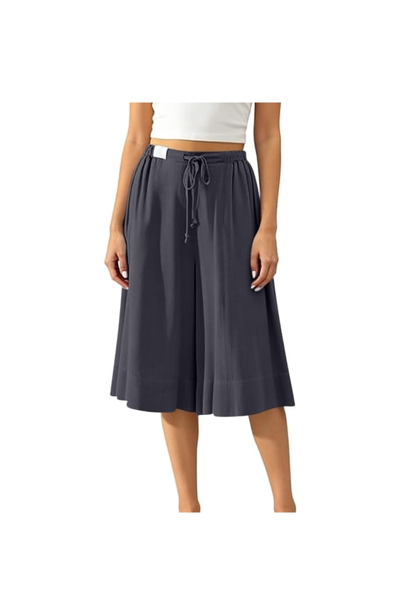 Womens Wide Leg Culottes Cropped Pants with Pockets Drawstring Elastic Waist Summer Flowy A-Line Trousers Dark Gray Pant S