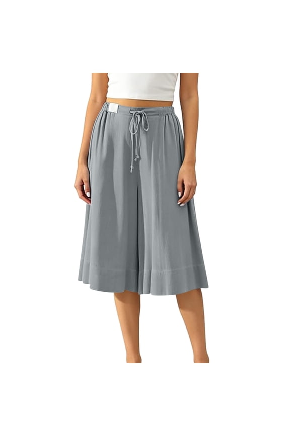 Womens Wide Leg Culottes Cropped Pants with Pockets Drawstring Elastic Waist Summer Flowy A-Line Trousers Gray Pant L