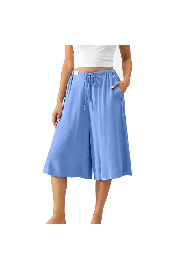 Womens Wide Leg Culottes Cropped Pants with Pockets Drawstring Elastic Waist Summer Flowy A-Line Trousers Light Blue Pant XL
