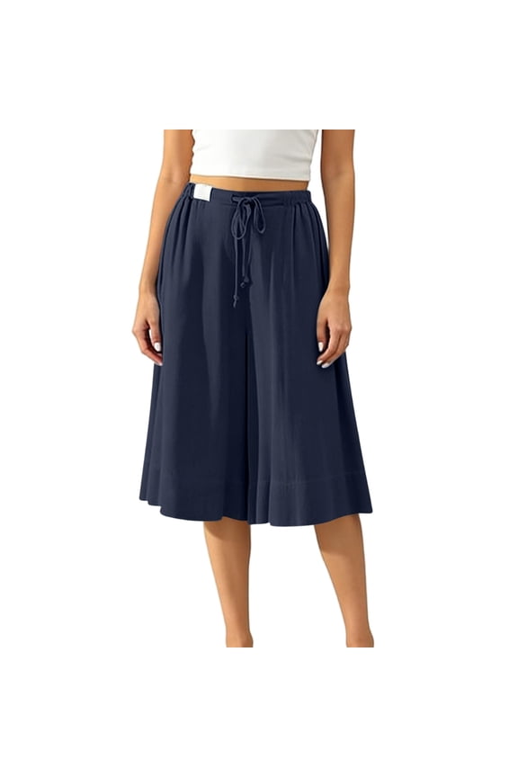 Womens Wide Leg Culottes Cropped Pants with Pockets Drawstring Elastic Waist Summer Flowy A-Line Trousers Navy Pant L