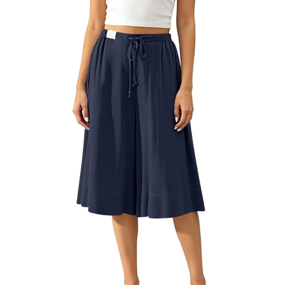 Kvture Womens Wide Leg Culottes Cropped Pants with Pockets Drawstring Elastic Waist Summer Flowy A-Line Trousers Navy Pant XL