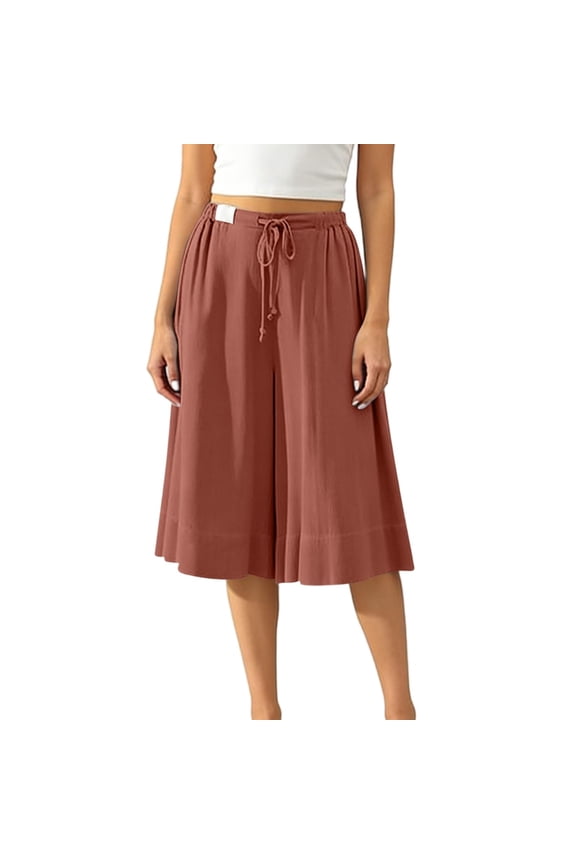 Womens Wide Leg Culottes Cropped Pants with Pockets Drawstring Elastic Waist Summer Flowy A-Line Trousers Watermelon Red Pant S