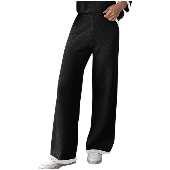 Kvture Womens Wide Leg Lounge Pants High Waisted Casual Comfy Loose Soft Color Block Knit Pajama Pants Black XL