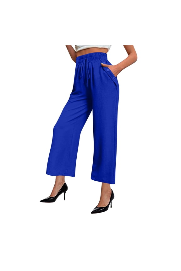 Womens Wide Leg Pants High Waist Flowy Adjustable Loose Trousers Casuals Lounge Business Pants with Pockets Blue XXL