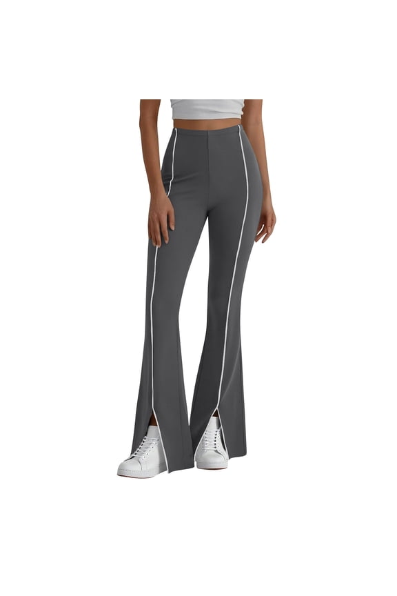 Workout Flare Leggings for Women Striped Front Split Hem Yoga Bell Bottom Pants Mid Elastic Waist Long Pants Gray Pant L