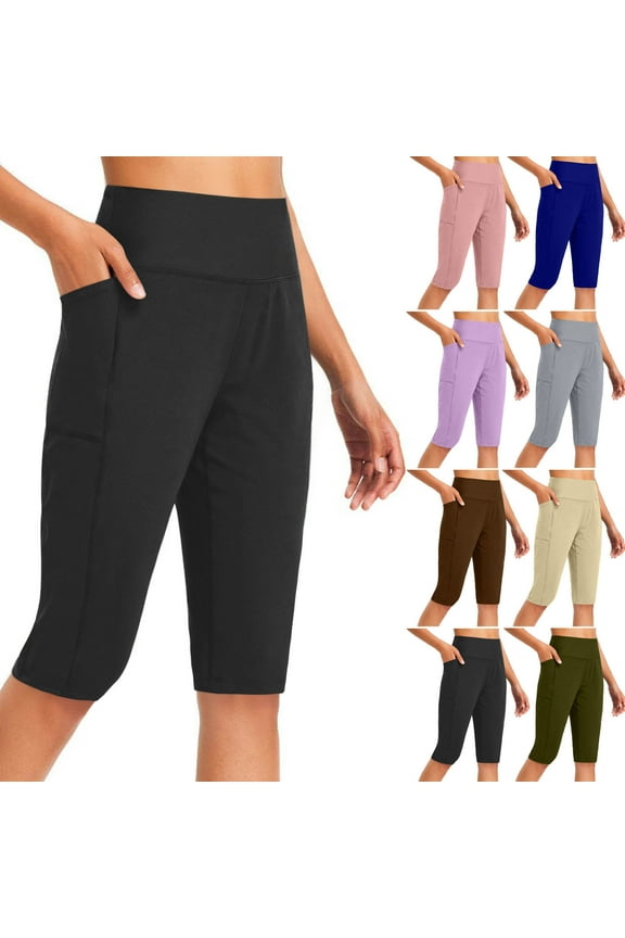 Yoga Pants for Women Buttery Soft Stretchy Butt Lifting Leggings Summer No See Through Workout Athletic Capri Leggings Solid Color Slim Fit Tights with Pockets Black XL