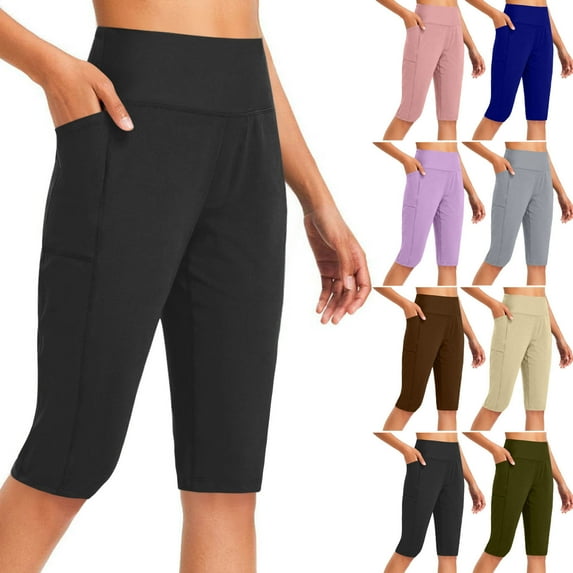 Kvture Yoga Pants for Women Buttery Soft Stretchy Butt Lifting Leggings Summer No See Through Workout Athletic Capri Leggings Solid Color Slim Fit Tights with Pockets Pink M