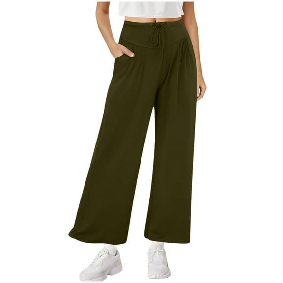 Kvture Yoga Pants Women with Pockets High Waist Wide Leg Flowy Palazzo Pants Summer Loose Fit Comfy Capri Trousers Army Green XL
