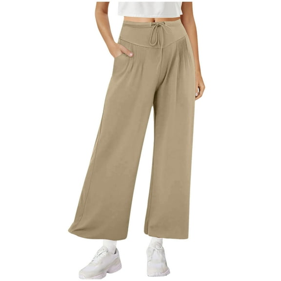 Kvture Yoga Pants Women with Pockets High Waist Wide Leg Flowy Palazzo Pants Summer Loose Fit Comfy Capri Trousers Khaki S