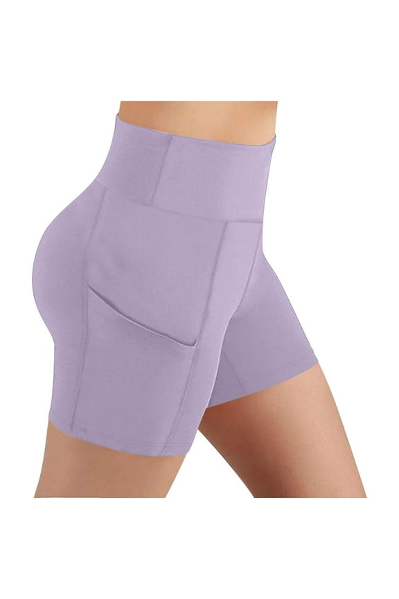 Yoga Shorts with Pockets for Women High Waisted Biker Shorts Hide Tummy Running Work Gym Tight Pants Athletic Shorts Purple M