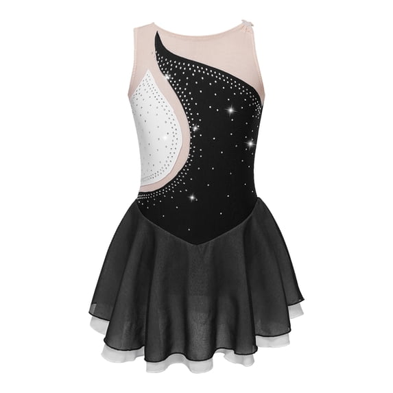 Kvysinly Girls Sparkly Rhinestone Mesh Splice Figure Ice Skating Dress Lyrical Ballet Gymnastics Black 6