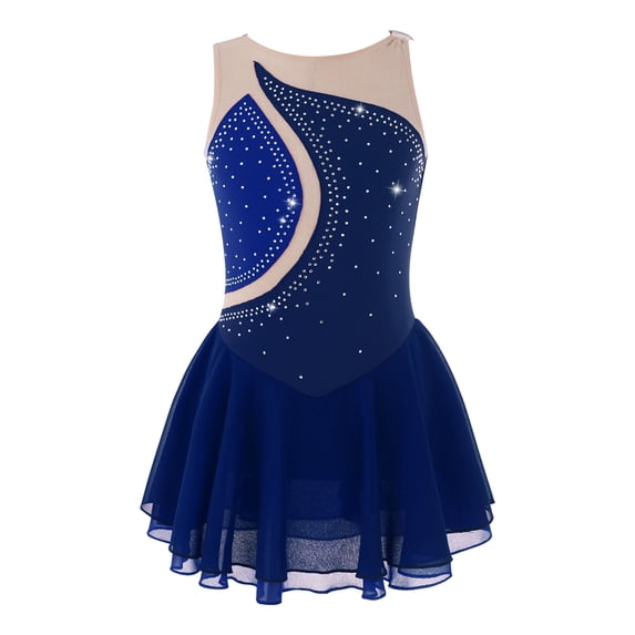 Kvysinly Girls Sparkly Rhinestone Mesh Splice Figure Ice Skating Dress Lyrical Ballet Gymnastics Dark Blue 16