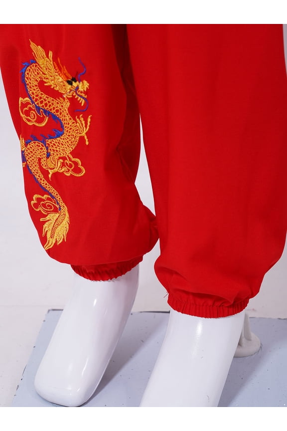 Kids Boys Girls Kung Fu Suit Unisex Children Dragon Embroidery Tai Chi Outfit Chinese Red 150