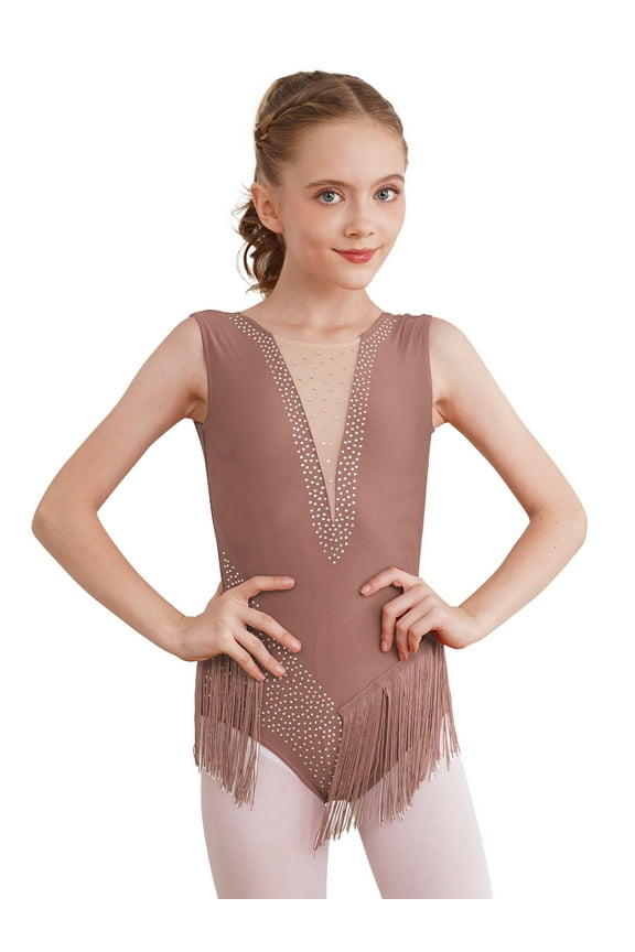 Kids Girls Ballroom Latin Dance Dress Skating Gymnastic Tassel Tutu Skirted Leotard Modern Dusty Pink 8
