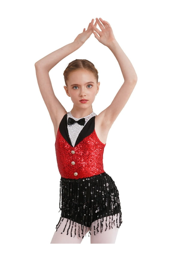 Kids Girls Sequins Tassel Jazz Hip Hop Latin Ballet Leotard Dance Dress Rumba Samba Salsa Red 16