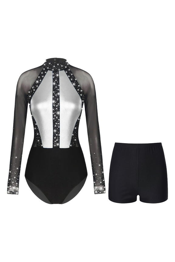 Ladies Rhinestones Gymnastics Unitards with Shorts Skating Jumpsuit Rhythmic Gymnastics Dark Gray XL