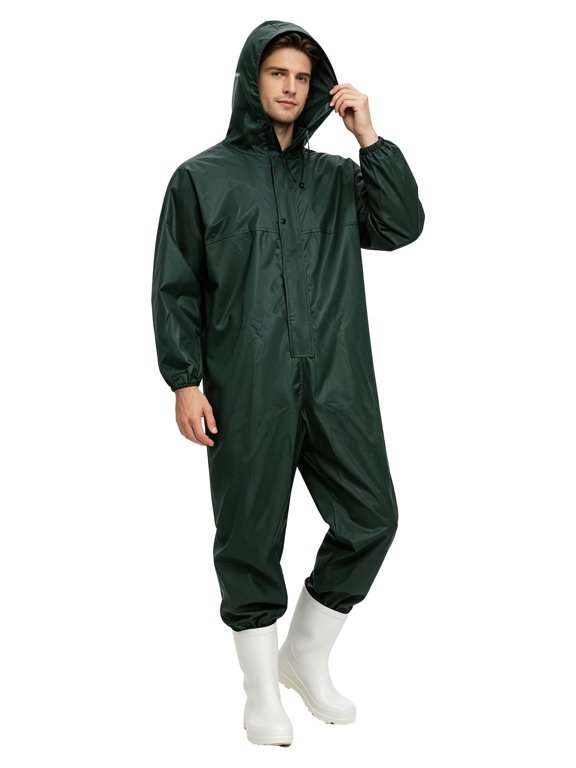 Unisex Hooded Raincoat Work Jumpsuit Rain Suit One Piece Coveralls Rainwear Waterproof Overalls Army Green 175