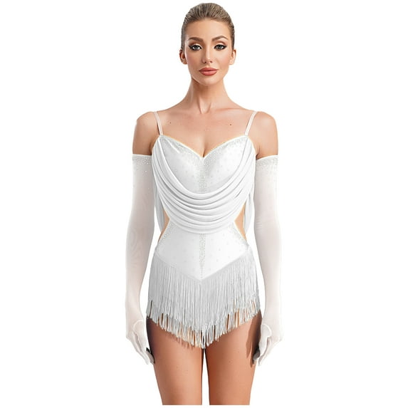 Kvysinly Women Latin Dance Leotard Tassel Rumba Samba Ballroom Leotard with Gloves Performance Ivory M